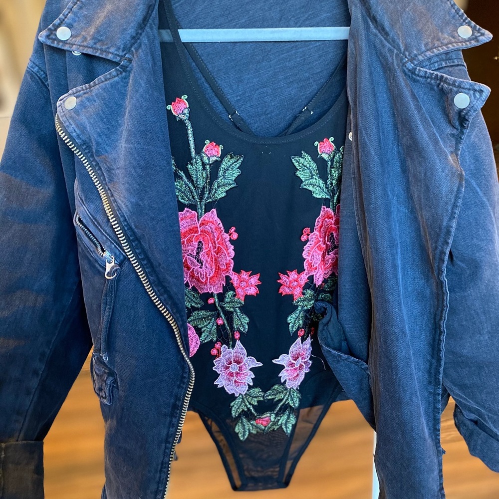 Black and floral appliqué lace body suit